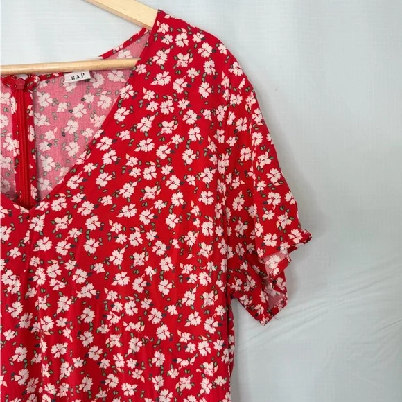 GAP Red Floral Short Sleeve Midi Dress Womens Size 16 V Neck Zip Back - Picture 3 of 9